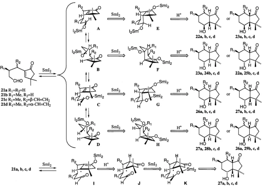 Fig. 4. Plausible Mechanisms of Cyclization Reaction of Enone-Aldehyde 21a, b, c, d3, 4）．反応系にプロトンソースが存在するとtransのアルコール 27a の生成比が上昇し（entry 5, 6），さらに HMPA 及び MeOH を両方添加した系ではそ の 生 成 比 が 逆 転 し ， 27a が 主 生 成 物 と な っ た（entry 7, 8）．また，生成物の立体化学を確証するために，化合物 23a を塩基性