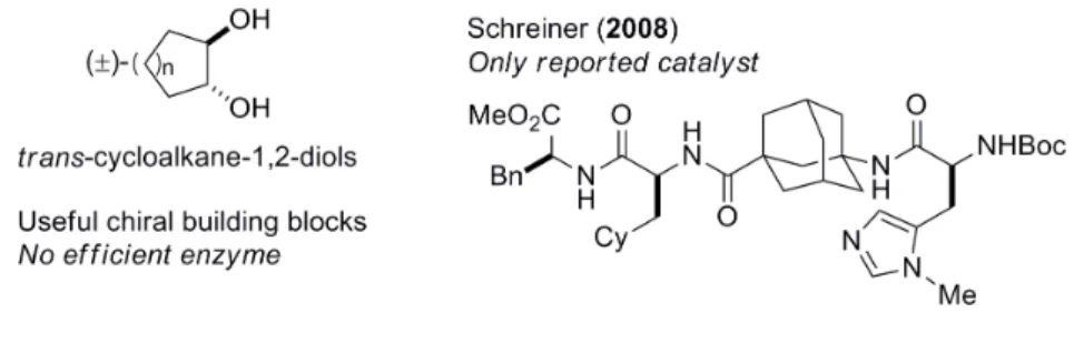 Figure 13.  trans -Cycloalkane-1,2-diols.  第２節  trans -1,2-シクロヘキサンジオールの光学分割の初期検討    まず、 Rovis らのメソジオールの非対称化反応の条件を用いて trans -1,2-シク ロヘキサンジオールの光学分割を試みたところ、 s 値は 2 に止まり、非対称化の 条件は光学分割には適用できないことが確認された（ Scheme 29）。    次に、キラル NHC 前駆体（12a）とラセミ体の trans -1,2-シクロヘキサン