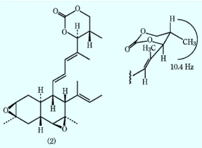 図 12 誘導体［II] H2, H3 の結合定数 図 13 [I］の誘導体 MTPA エステルの化学シフト差Δd 図 14 [III］の誘導体 MTPA エステルの化学シフト差Δd 次に，デカリン環部分の絶対配置は以下のように決定 した。関連化合物 fusarielin B [III］は，［I］の 11, 12 位のエポキサイドがジオールに開環し 11 位の立体が反 転した構造で，他の部分は［I］の立体を保持している。 そこで［III］の 1,3 ジオールを保護した後，11 位の水 酸基を Rおよび