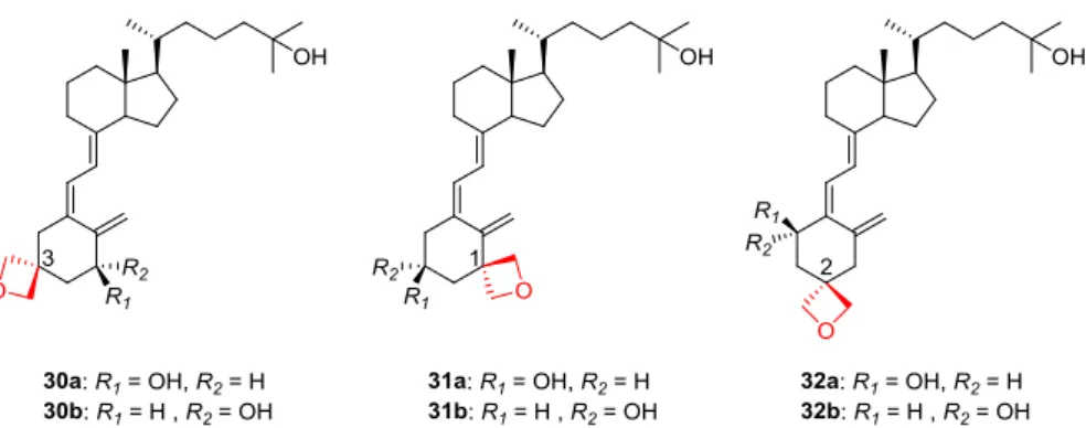 Fig. 18. Chemical structures of spiro-oxetane analogues (30-32).    られる．また，活性発現に重要なビタミン   D 3 の A 環部ヒドロキシ基は，これまで有効 な官能基変換に成功した例はない． 本研究では 1 位または 3 位ヒドロキシ基をこれまで 述べた有利な効果を期待しスピロオキセタン構造への修飾を試みることとした（ Fig