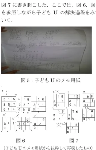 図 7 に書き起こした．ここでは，図 6，図 7 を参照しながら子ども U の解決過程をみて いく．    図 5：子ども U のメモ用紙  図 6                  図 7  （子ども U のメモ用紙から抜粋して再現したもの）  子ども U は，はじめはあてずっぽうの解決 方法を試みている．これは，図 6 の一行目を みると，当てずっぽうに数字を入れる表を 3 つ書いていることから分かる．しかし解決に 至らず，論理的に考え始める．まず，図 6 の 二行目にある 3 つの表のように C に 