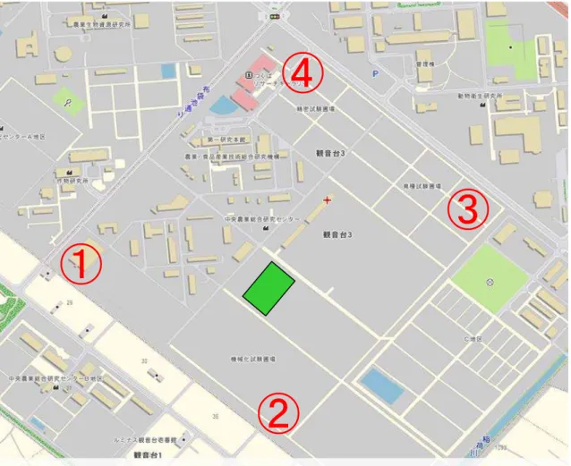 図 2  高 機 能 隔 離 ほ 場 周 辺 の 花 粉 飛 散 モ ニ タ リ ン グ 用 は く ち ょ う も ち 配 置 図   ※ ① ～ ④ の 番 号 の 位 置 で 花 粉 飛 散 モ ニ タ リ ン グ 用 モ チ イ ネ （ は く ち ょ う も ち ） を 栽 培 し ま す 。 ① ② ③④