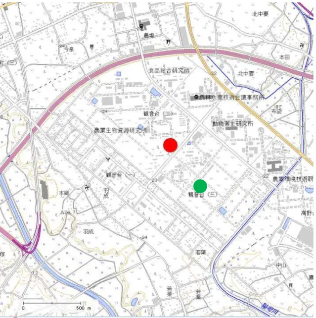 図  1  つ く ば 市 観 音 台 地 区 周 辺 の 地 形 図 （ 国 土 地 理 院 の ウ ェ ブ サ ー ビ ス よ り ）