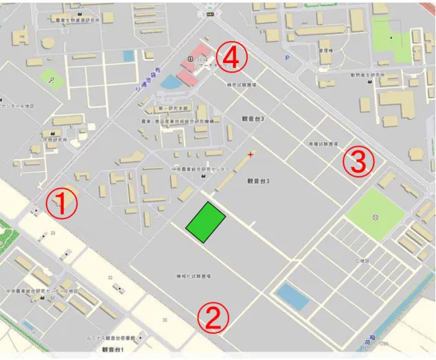 図  4  観 音 台 第 4 事 業 場 内 の 配 置 図 ① か ら ④ の 位 置 で 、花 粉 飛 散 モ ニ タ リ ン グ 用 モ チ 品 種「 は く ち ょ う も ち 」を 栽 培 し ま す 。①②③④