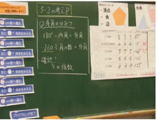 図 3  算数「正多角形と円」（3 時）  4.3 成果と課題  これまでに述べた各取組に対して，授業者の教諭から見た，次の視点から整理を行っ た．  特別活動におけるプログラミング教育  2 人の授業者ともに，プログラミング経験がない児童生徒が多いことから特別活動の 時間を工夫して，プログラミング的思考やプログラミングの基礎を体験的に学ぶ機会を用 いている．また，ここで用いられた手法はアンプラグドである．この手法は問題解決には 手順があることや，その手順において繰り返しや分岐といった制御構造の抽象化を理解