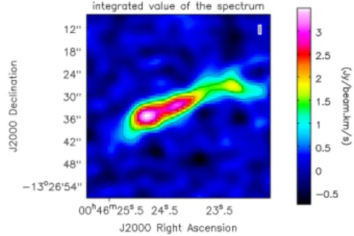 図 4.1a の積分強度図では，最大ピークレベル 3.5Jy / beam.km / s の 80% の場所が 2 つ確認できる（画像中央，画 像左） ．速度場図と速度分散図は， threshold の 3 σ でクリッピングを行った． PA = 110 ◦ として得た図 4.4 の PV 図では，銀河中心コア（ O ﬀ set 0 ′′ ）を中心として回転運動をしていることがわかる．