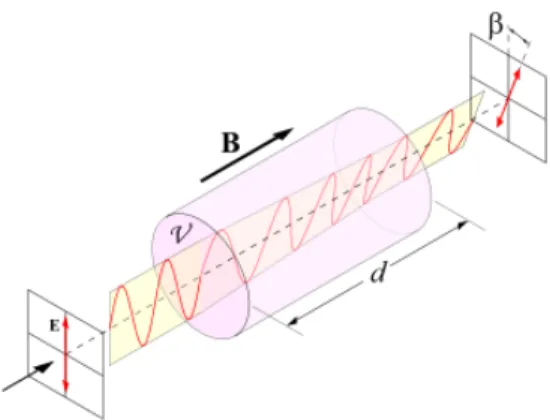 図 2 — ファラデー回転概略図 (http://en.wikipedia.org/wiki/Faraday eﬀect) 以上のことから RM を得るには観測領域の背後に直線偏光を出す天体が必要であるが、それに はパルサーや系外銀河が用いられる。パルサーを用いたものとして Han et al.2002 によりノルマ アームでの磁場の向きが調べられている。図 3 のようにパルサーの RM の観測によって銀河系の 磁場は腕に沿い且つ磁場の向きが数回反転していることが確認できる。 図 3 — パルサー RM に