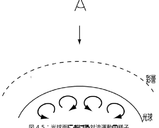 図 4.3 及び図 4.4 のドップラーグラムにおいて、青は手前側に移動してくる速度成分を表 し、赤は奥へ移動する速度成分を表している。これにより、太陽の自転の様子が確認でき る。また、ドップラーシグナルと波長の関係により、太陽の自転速度は光球面においては 約２km/s であることが確認できた。さらにドップラーグラムにおいて、太陽中心よりも 少しリム(太陽の縁)に近い部分で、米粒状の模様が見える。これは超粒状斑と呼ばれるも のである。超粒状斑が太陽中心において見られないのは、地球から見ると太陽中心付近の 対