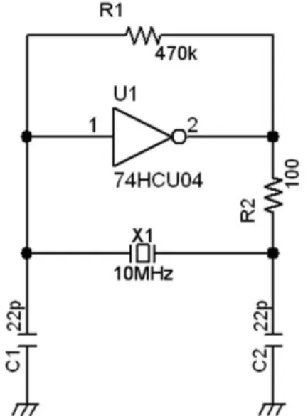 図 15. 低入力容量アンプで測定したかった 10MHz の水晶発振回 路  全く持って動かない！（汗）  この アンプが出 来上がった ところ で、ウキウ キしながら、 10MHz の発振回路に接続してみました。どんな波形が出るだろ か？と。出力は 1/10 の 50Ωですから、オシロの入力を 50Ωの モードに変更し、直接 SMA-BNC ケーブルでアンプとつないで みます…。  「？…」発振が停止してしまうではありませんか！これは入力容 量が大きすぎて発振が停止してしまったのでしょうか？「そん な筈は