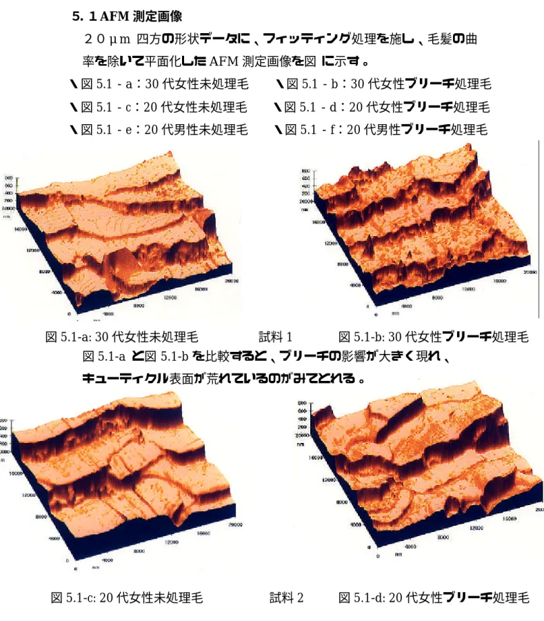 図 5.1-a: 30 代女性未処理毛 試料 1 図 5.1-b: 30 代女性ブリーチ処理毛 図 5.1-c: 20 代女性未処理毛 試料 2 図 5.1-d: 20 代女性ブリーチ処理毛５．実験結果５．１ AFM 測定画像２０μm 四方の形状データに、フィッティング処理を施し、毛髪の曲率を除いて平面化したAFM 測定画像を図  に示す。・ 図5.1‐a：30 代女性未処理毛    ・図 5.1‐b：30 代女性ブリーチ処理毛・ 図5.1‐c：20 代女性未処理毛    ・図 5.1‐d：20 代女性ブリ