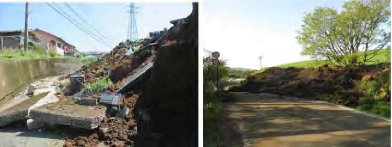 図 4.6  道路擁壁の崩壊（左：南阿蘇村黒川，右：阿蘇パノラマライン南阿蘇村）。 
