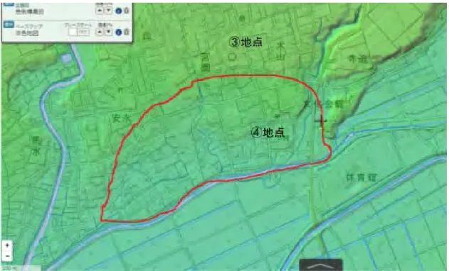 図 3.5  益城町木山地区の地形（国土地理院色別標高図に加筆） 