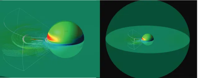 Fig. 3  The simulation results of solar eruption. The colored sphere corresponds to the sun, and color scale denotes the magnetic fi eld on the solar  surface