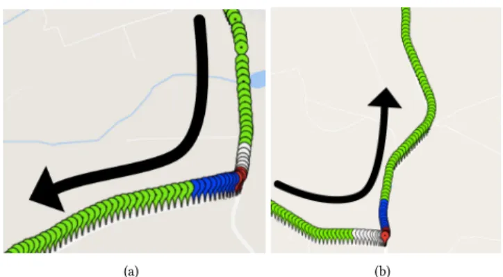 Figure 5: Two real-world turns in the driving session. The pin color represents cluster assignment from our TICC  algo-rithm (Green = Going Straight, White = Slowing Down, Red = Turning, Blue = Speeding up)