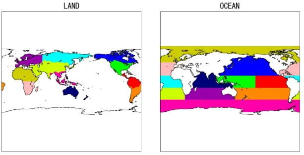 Fig. 1  TransCom3 Layer2 region map of land (left) and ocean (right).