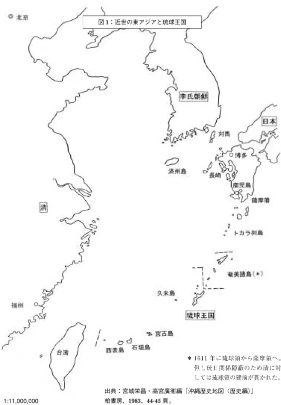 図 1：近世の東アジアと琉球王国 ＊ 1611 年に琉球領から薩摩領へ。 但し琉日関係隠蔽のため清に対 しては琉球領の建前が貫かれた。 1:11,000,000 出典：宮城栄昌・高宮廣衞編『沖縄歴史地図〈歴史編〉』柏書房，1983，44-45頁。
