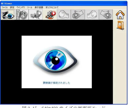 図 2-15  640*480 サイズの単画面モード  単画面から初期設定画面モードに切り替えるなら図 2-16 のアイコンの選択があげ られます。  図 2-16 初期設定画面モード  単画面では「画像の方向制御」 （図 2-17）が備わっています。取扱い方法は 4.3 節 の説明を参照してください。  図 2-17 画像の方向制御  単画面ではスナップショットをすると、図 2-18 のサブウィンドウが現れます。こ の界面では「ファイルを開く、ファイルの保存、画像の削除、画像処理など」の機能を 提供します