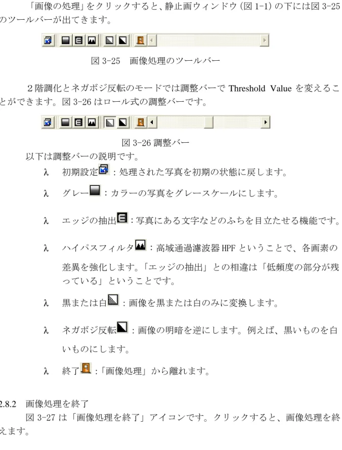 図 3-24  「画像の処理」をクリックすると、静止画ウィンドウ（図 1-1）の下には図 3-25 のツールバーが出てきます。  図 3-25  画像処理のツールバー  ２階調化とネガボジ反転のモードでは調整バーで Threshold  Value を変えるこ とができます。図 3-26 はロール式の調整バーです。  図 3-26 調整バー  以下は調整バーの説明です。  λ  初期設定 ：処理された写真を初期の状態に戻します。  λ  グレー ：カラーの写真をグレースケールにします。  λ  エッジの抽出
