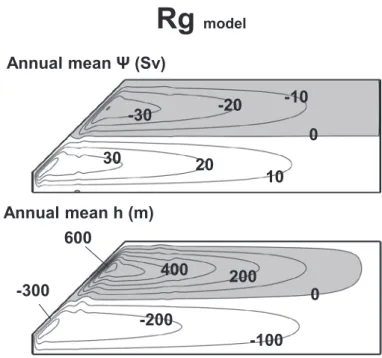 Fig. 6. Annual mean components of (a) the stream function  W  and the interface displacement h for Rg model.