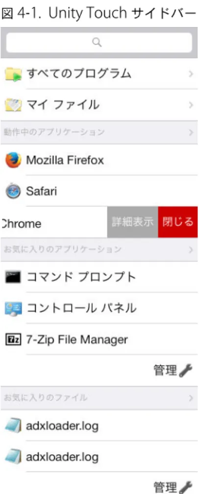 図  4 ‑1.  Unity Touch  サイドバー Unity Touch  が有効にされているがサイドバーが表示されていないデスクトップにアクセスすると、ウィンドウの左 側にタブが表示されます。このタブを右にスワイプしてサイドバーを開いたり、タブを上下にスライドできます。 このサイドバーから、ファイルまたはアプリケーションで多くの操作を実行できます。 表  4 ‑4