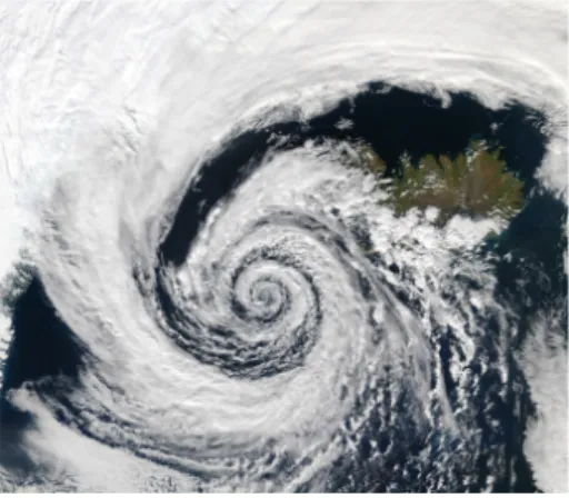 図 7.8 ア イ ス ラ ン ド に 発 生 し た 低 気 圧 (Photo by NASA http://en.wikipedia. org/wiki/Coriolis_force)[解説]コリオリの力はこれまでの設問から類推できるように，回転座標系上で運動する物体に対して働くみかけの力であって，その向きは運動の方向と直交しており，大きさは2mωvとなる。地球上ではこのコリオリの力が気象や大洋の流れに影響を及ぼしている。その代表例の一つが台風など強い低気圧による渦であり，その渦の向きは北半球と南半球で