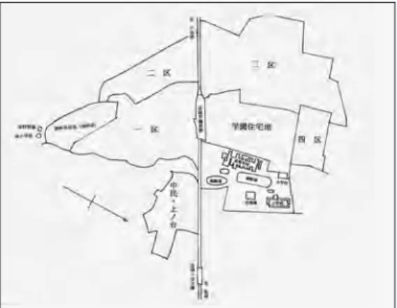 図 3 は開発当初の成城町の概 念図で、学園住宅地、第一区〜 第四区の区分は、開発当時に使 われていたものである。現在の 成城の町域はこれより広いが、 基本的な町の形は図 3 からほと んど変わっていない 28） 。学校用 地と学園住宅地が、学園が最初 に入手した土地で （第一期買収） 、 隣接する一区〜四区はその後の 買収で得た土地である （第二期 買収） 。土地買収が一段落した 段階で、「喜多見土地区画整理 組合」 （組合長は鈴木久弥） が組織され、買収地を始めとする住宅地全体の区画整 理は、組合からの