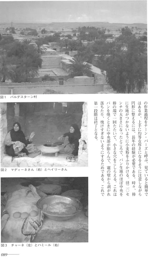 図 1 バ ル デ ス タ ー ン 村 の作業過程をナーン・バーズと呼ぶ︒見ていると簡単ではあるが︑上手に均等な厚さになるように注意しながら円形に整えるには︑長年の経験が必要である︒時々︑棒に生地がつかないように小麦粉をふりかける︒径二○セ ンチの大きさになったところで︑パン生地のほぼ中央を棒の端で一回たたいて︑小さな穴をこしらえる︒これはパンを焼くときに中央部が膨らんで︑竃の壁から剥がれ落ちたり︑焼けすぎないようにするためである︒これで第一段階は終了となる︒ 鄭 混 、 ｡ ざ 図 2 マ デ ィ ー ネ
