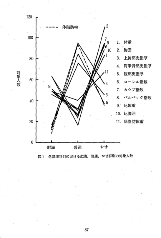 図 1 各基準項目における肥満,普嵐 やせ群別の対象人数