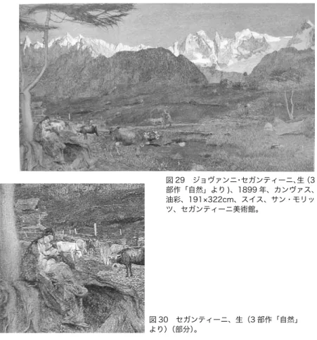 図 29　ジョヴァンニ・セガンティーニ、生（3 部作「自然」より )、1899 年、カンヴァス、 油彩、191×322cm、スイス、サン・モリッ ツ、セガンティーニ美術館。 図 30　セガンティーニ、生（3 部作「自然」 より）（部分）。 《生》は、大地と緑と生き物たちの光景である［図 29］。地平線は高くと られ、遠景には雪の残るアルプスの山々がある。一面に、自然に育まれる生 き物たち、すなわち山から帰る人、牛を追う人、水を飲み草を食べる牛たち、 そして左方の大きく根を張る樹木の根元には、赤ん坊を抱いて座