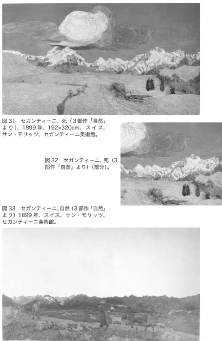 図 32　セガンティーニ、死（3 部作「自然」より）（部分）。図 31　セガンティーニ、死（３部作「自然」よ り ）、1899 年、192×320cm、 ス イ ス、サン・モリッツ、セガンティーニ美術館。 図 33　セガンティーニ、自然（3 部作「自然」 より）1899 年、スイス、サン・モリッツ、 セガンティーニ美術館。