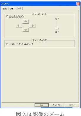 圖 2-13 影像の効果を調整  図 2-14 影像のズームを調整できます。影像のズームコントロールとフェ イストラッキングを調整できます。  図 2-14 影像のズーム  1.2.4   動画の圧縮形式  動画は圧縮しないと、作られたファイルが大きくなるので、普通では動画 を圧縮して容量を縮めます。図 2-15 は、圧縮形式を選択するウィンドです。 全ての圧縮形式は内蔵の機能です。ただし、ほかの圧縮形式を使用する場合に は、DIVX または他の圧縮形式をインストールして使用してください。使用者