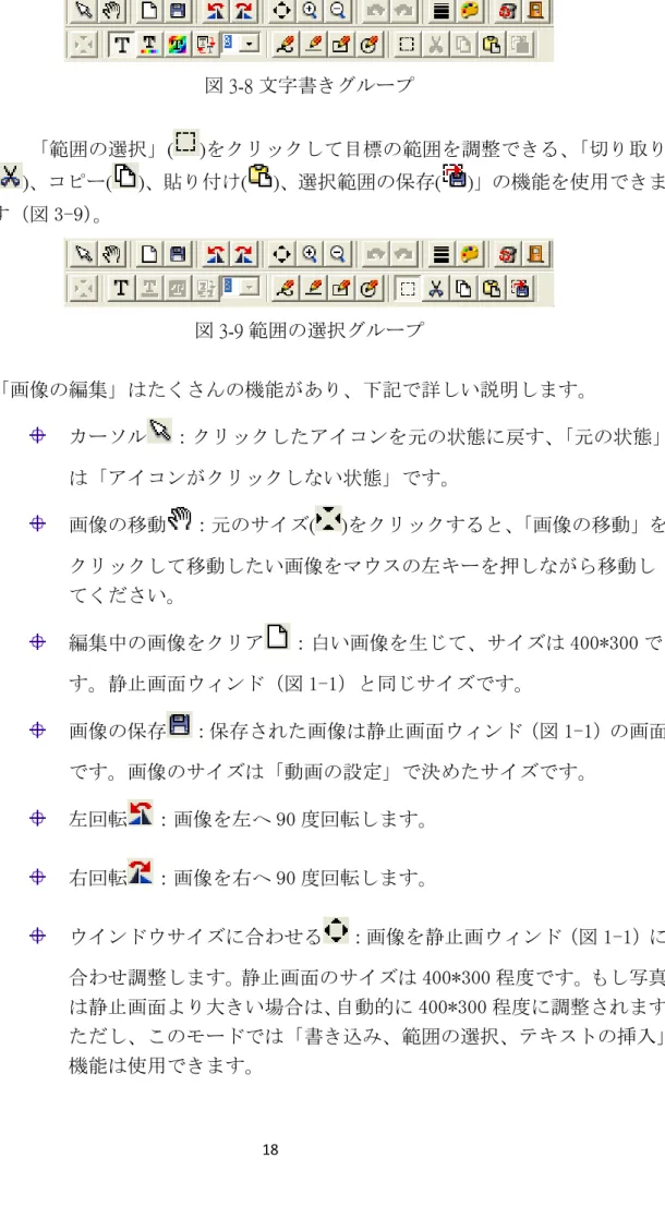 図 3-8 文字書きグループ  「範囲の選択」( )をクリックして目標の範囲を調整できる、 「切り取り ( )、コピー( )、貼り付け( )、選択範囲の保存( )」の機能を使用できま す（図 3-9） 。  図 3-9 範囲の選択グループ  「画像の編集」はたくさんの機能があり、下記で詳しい説明します。    カーソル ：クリックしたアイコンを元の状態に戻す、「元の状態」 は「アイコンがクリックしない状態」です。    画像の移動 ：元のサイズ( )をクリックすると、 「画像の移動」を クリックして移動した