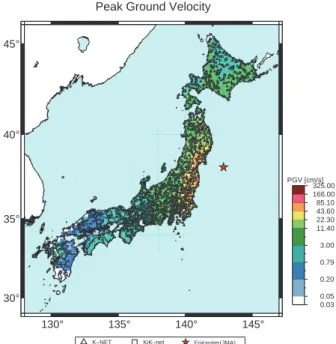 Fig. 1  Peak  ground  acceleration  map  derived  from  strong- strong-motion records of K-NET and KiK-net.