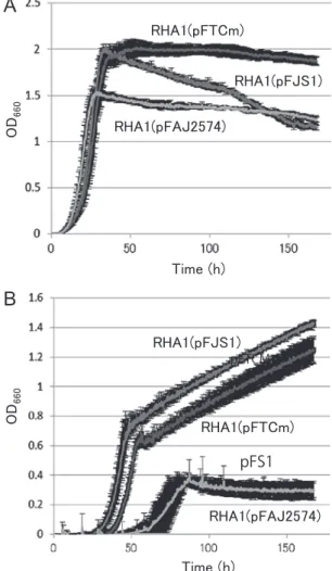 Fig.  5.    Growth  activity  of  RHA1  expressing  bphS1 or bphT1 in  1/5LB medium (A) and M9 medium+biphenyl (B)