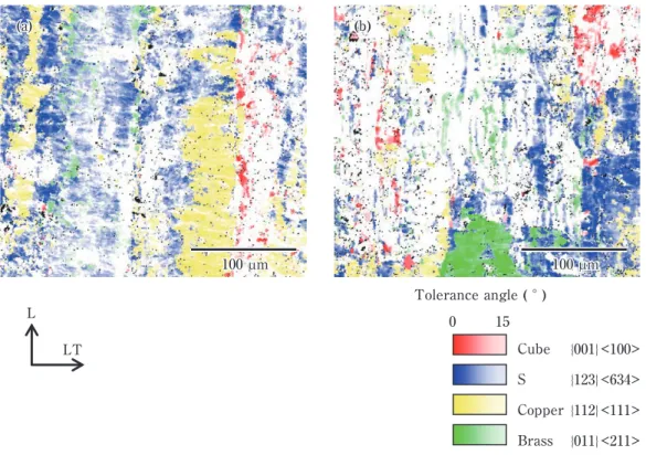 Fig. 9  Crystal orientation maps after the final annealing at 623 K for 5 s. (a) sample P, (b) sample N.
