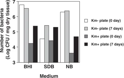Fig. 4.  CFU of total and Km-resistant bacteria isolated from euthanized GM zebrafi  sh before (day 0) and after (day 7) putrescence.