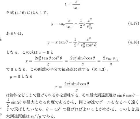 図 4.3 鉛直面内での放物運動 放物運動の形 上の 2 つの式で表される運動は，放物運動とよばれる．こ の運動の軌跡は放物線となる．放物線とは 2 次曲線である．それを示すに は式 (4.15) で求めた t = x v 0x を式 (4.16) に代入して， y = v 0y x v 0x − 12 g x 2v 0x2 (4.17) あるいは， + (cos θ) 2 は cos 2 θ と書く． cos θ 2 と書くと cos(θ 2 ) と混 乱するからである． y = x tan θ − 1 