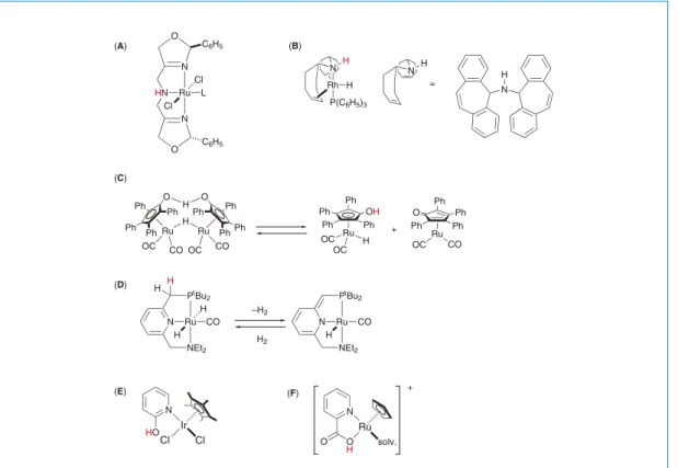 Figure 3. Related examples of metal-ligand cooperating catalysts having protic functional moiety.