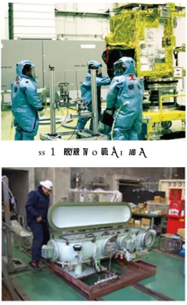 図 1  ヒドラジンの取扱い  図 2  HAN 系推進剤の取扱い  2.  実験装置  実験装置の概略図を図 3 に示す．アークジェットスラス タは真空チャンバ内に設置されており，推進剤，電力，冷 却水はチャンバ側面のフランジを介してチャンバ内に取り 込まれスラスタに供給される．チャンバ内部の圧力はピラ ニ真空計を用いて測定している．推進剤供給に関しては， 窒素・二酸化炭素・水素のガス系はマスフロコントローラ ーにより流量調節を行い，スラスタ内部に投入される．水 は マイ クロ チュ ーブ ポン プ (東