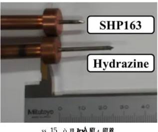 図 15  実験後のカソード  3.2  カソードの損耗測定実験  アークジェットスラス タにおいて，電極の損耗は推進機そのものの寿命を決定づ ける要因となる．酸素を含有する SHP163 おいて，タング ステンカソードは高温下で酸素と反応することで酸化タン グステンとなる．図 15 の実験後のカソードの損耗もタング ステン製のカソードが酸化したことにより大きく損耗した 可能性が高い．酸化タングステンの融点は 1400K と低く， 直流アークジェットでの陰極入熱であれば酸化タングステ ンの融点以上に達してし