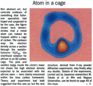 Figure 2.  “Atom in a cage”. The editor of Nature magazine  highlights the first X-ray structural analysis of a metallofullerene  (Y@C 82 ) in a Views and News section