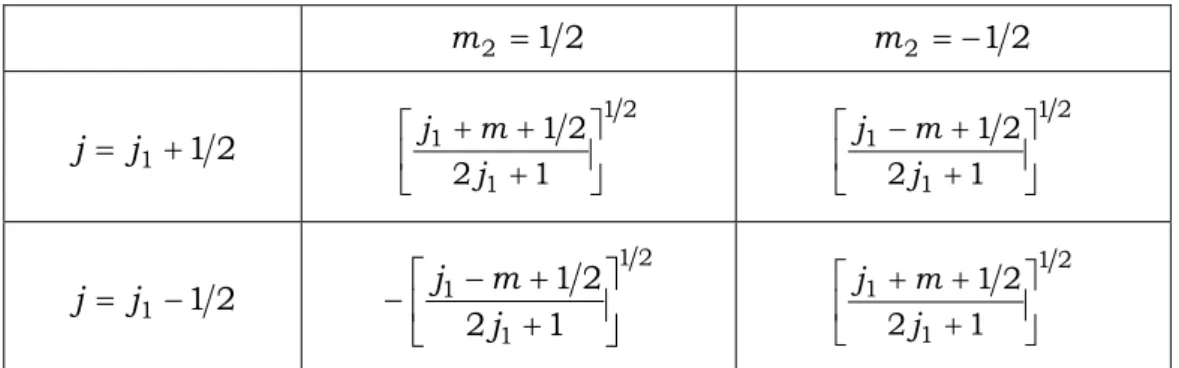 表 1. j 1 と j 2  = 1 2 の coupling に関する Clebsch-Gordan 係数 2 2 = 1m m 2 = − 1 2 2 1 + 1=jj 21 11 12 21 +++jmj 1 2111221++−jmj 2 1 − 1=jj 21 11 12 21  ++−−jmj 1 2111221+++jmj