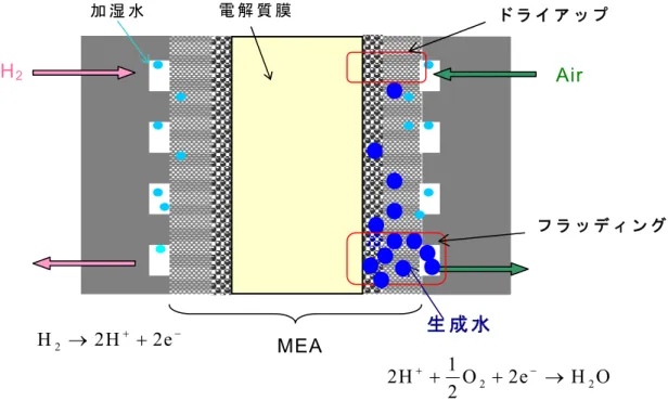 Figure 8  PEFC の カ ソ ー ド 電 極 内 の 水 分 布 の 模 式 図生 成 水H2加 湿 水電 解 質 膜 Air  OHe22OH12++2+−→2−++→2H2eH2MEA  ド ラ イ ア ッ プ   フ ラ ッ デ ィ ン グ