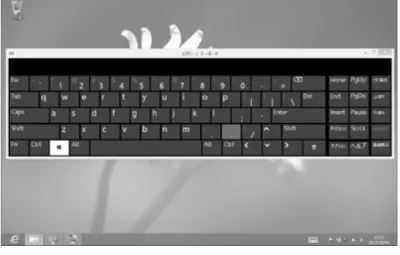 図 2 ソフトキーボードの例 ( [17] より引用 ) (3) スイッチ 肢体不自由者の運動機能障害の程度や利用目的等に応じて使用するスイッチを選択す る [8, 24] ．メカニカル式のスイッチにはさまざまな大きさや作動圧で動作するタイプがあ り，その他，空気圧センサーや圧電素子を使った微小な筋力や可動域を検知するスイッ チ，あるいは脳血流や脳波等の物理的な動きを伴わないものもある [25–27] ．使用する数 は操作方法に応じて，最低１つから数個まで使われる． (4) スキャン入力式ソフトウェア スキ