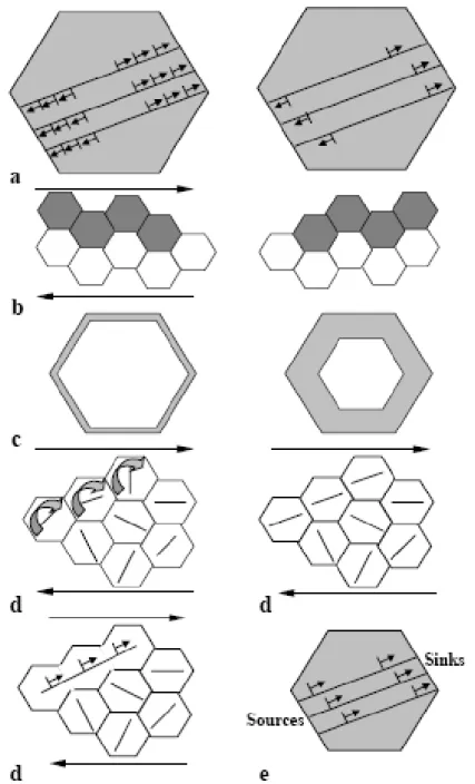 Figure 2.17 Sketches of different deformation mechanisms: (a) pile-up breakdown; (b) grain  boundary sliding; (c) core and mantle; (d) grain coalescence; (e) sequential generation in grain  boundary sources and annihilation in grain boundary sinks