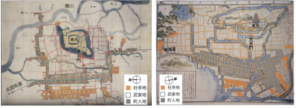 表 序-1・序-2 にみるように、歴史的に記録された大火は、火災規模の大きさ・頻度の点 から近世に入り顕著になってきたことが分かる。特に、欧州における、ロンドンの大火と 江戸の明暦大火はほぼ同時代に発生し、ともに人口の集中による都市の膨張と過密化を起 因として、大火にいたったと推察されている 2) 。  (1)近世都市江戸の防火施策の教訓  その近世の日本の都市のなりたちは、以下のようであった。  室町時代の中世都市が混然とした農耕都市であったのに対し、安土桃山以降にあっては、 村落との間に明確な区別つけら