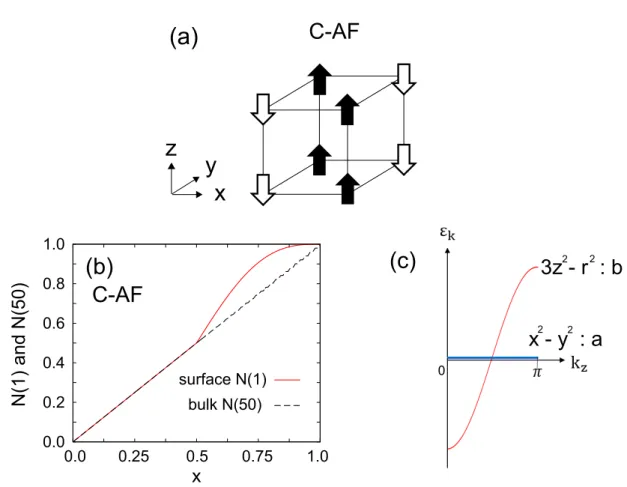 図 10: (a) C-AF 相の t 2g スピン構造  (b) 1000 × 1000 × 100 格子における N (1)( 赤い 線 ) と N (50)( 黒い波線 ) vs