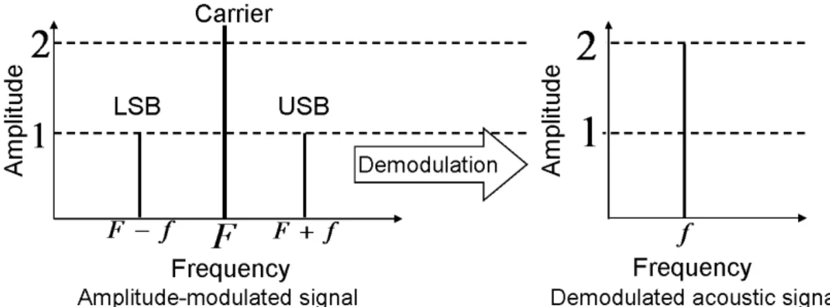 図 2.5 DSB 変調方式の模式図 方式 [49, 51, 52, 53] が提案されている．図 2.5 に DSB 変調方式を用いた際の振幅変 調波と復調される音響信号の模式図を示す． DSB 変調方式は図 2.5 から確認できる ように，キャリア波と LSB および USB との差音の和となるため復調される音響信 号の音圧が大きい．しかし，高調波歪みが発生するため，目的とする音響信号のみ の再生が困難である．高調波歪みとは，振幅変調波が復調される際に発生する 3 次 波以上の成分である． 2 次波の 