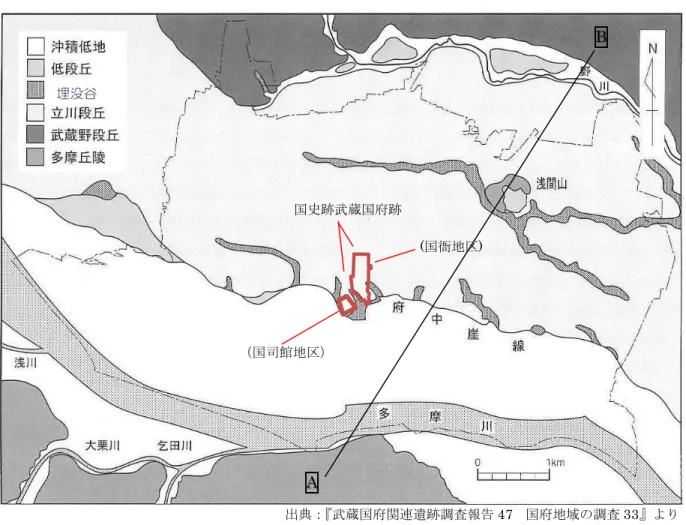 図 11  地形区分 写真 10 国司館地区東の府中街道 （切り通し道路）のよう壁  写真 11 府中崖線 （JRA 東京競馬 場北部）  写真 12 府中崖線（JR 南武線以北）図８地形区分（国司館地区）国史跡武蔵国府跡出典： 『武蔵国府関連遺跡調査報告 47  国府地域の調査 33』より(国衙地区)B A 埋没谷  24 