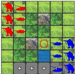 図 3 Tubstap スクリーンショット（ルール説明のために図１を再 掲）．駒の色が陣営，数字が HP ，文字が駒種類を表す．マス には草原や林，海などの地形が割り当てられている．例えば左 から 4 列目のマスは上から順に，平原，山，森，陣地，海，道 路の地形である．